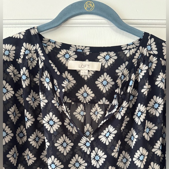 LOFT Navy Blue and Cream Floral Sheer Blouse - Picture 5 of 9